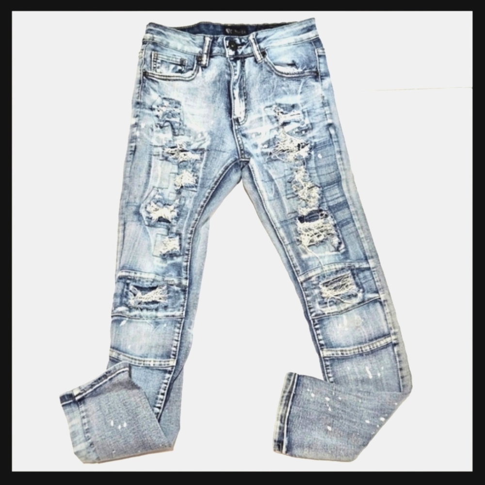 WAIMEA Boys Skinny Distressed/Paint Spattered Blue Jeans, Vintage Washed Sz 12
